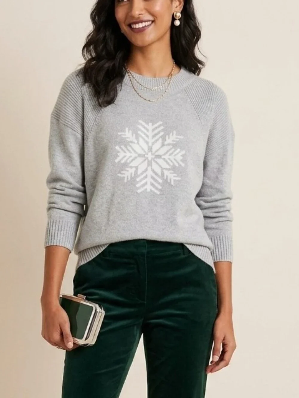 Talbots Light Gray Snowflake Crewneck Sweater
